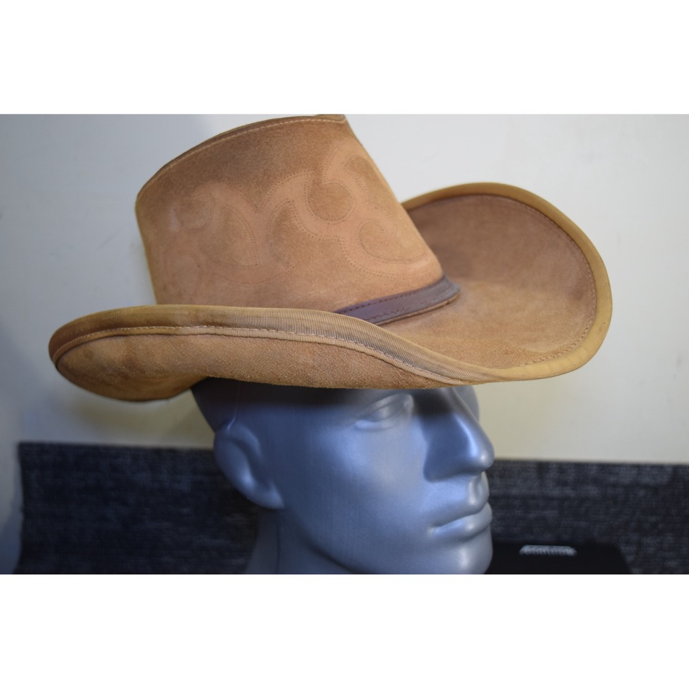 Tan Suede Leather Cowboy Hat Stitched Scroll Detail Brown Band Size 7 Small